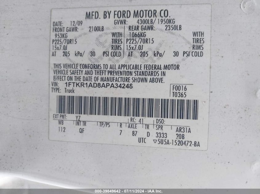 2010 Ford Ranger Xl/Xlt VIN: 1FTKR1AD8APA34248 Lot: 39849642