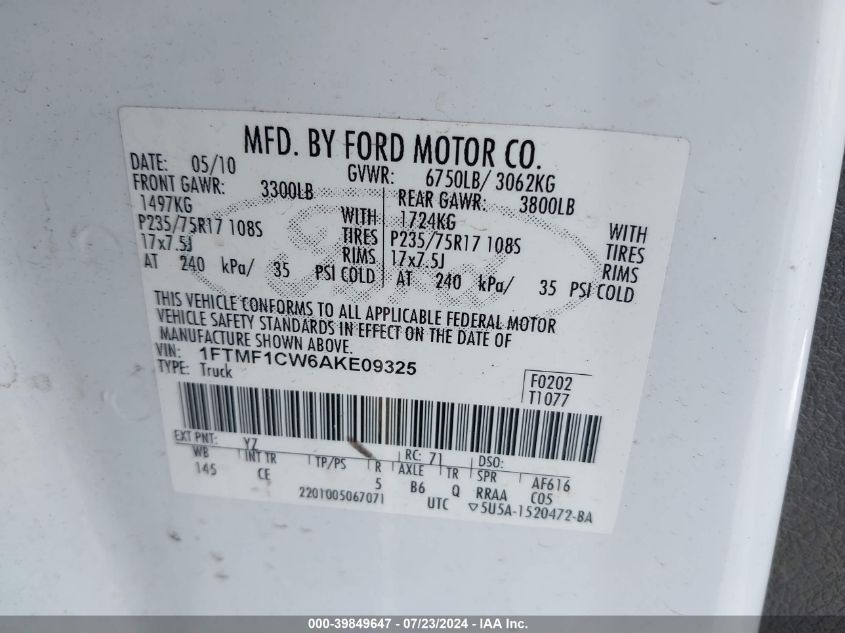 2010 Ford F-150 Stx/Xl/Xlt VIN: 1FTMF1CW6AKE09325 Lot: 39849647