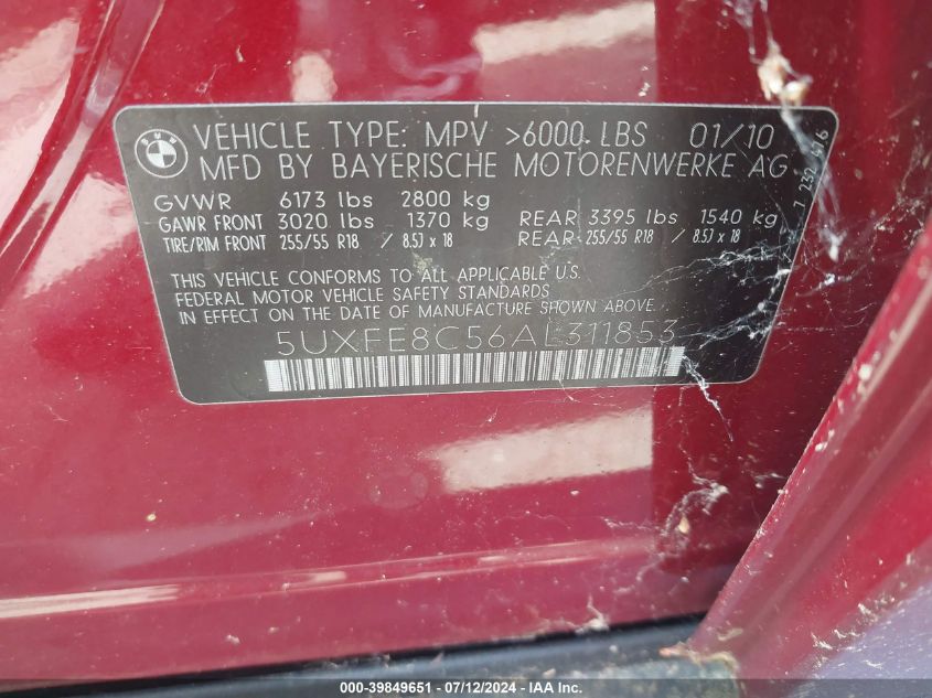 2010 BMW X5 xDrive48I VIN: 5UXFE8C56AL311853 Lot: 39849651