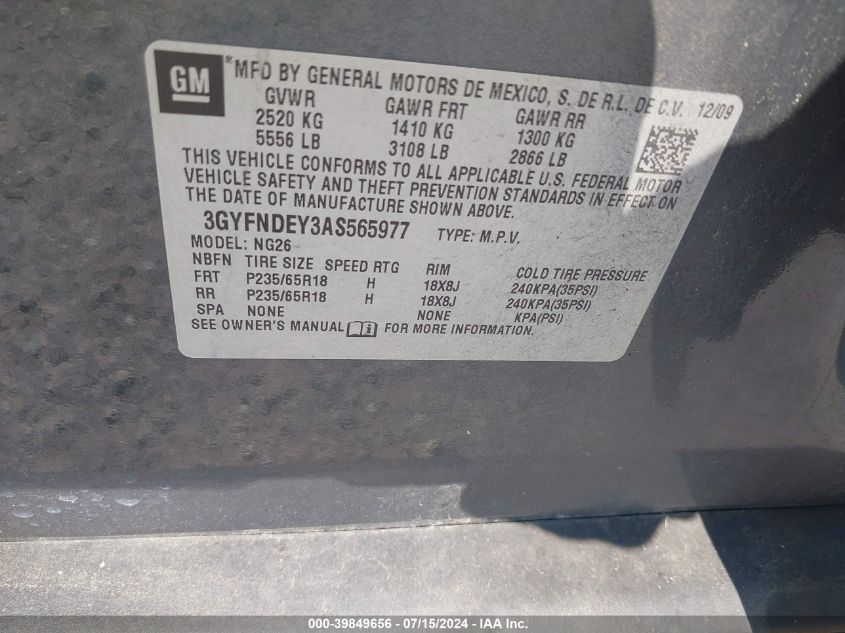 2010 Cadillac Srx Luxury Collection VIN: 3GYFNDEY3AS565977 Lot: 39849656