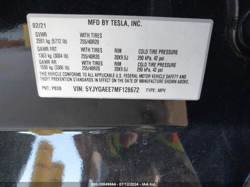 2021 Tesla Model Y VIN: 5YJYGAEE7MF128672 Lot: 39849664