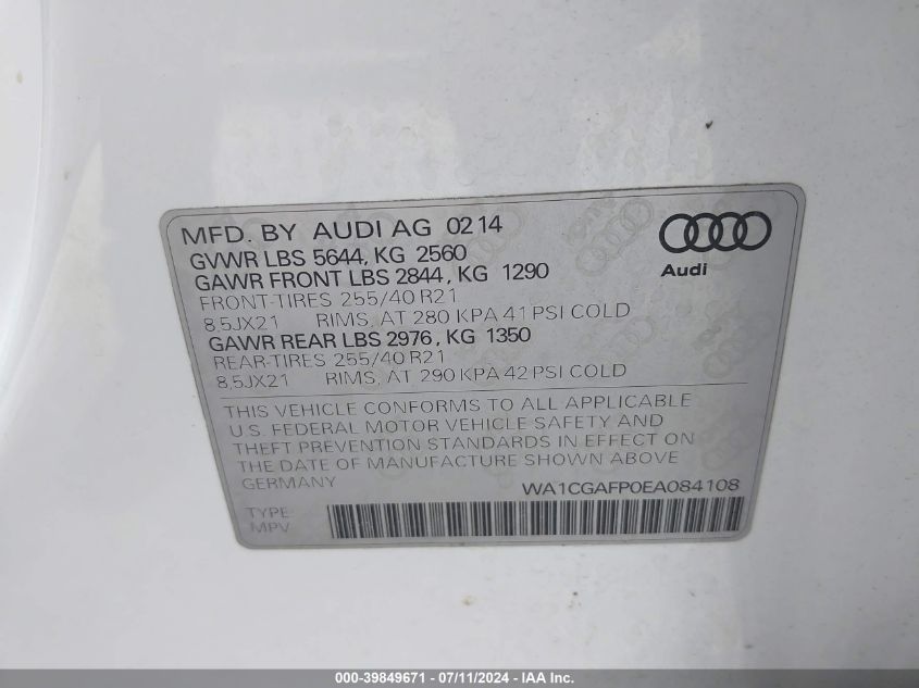 2014 Audi Sq5 3.0T Premium Plus VIN: WA1CGAFP0EA084108 Lot: 39849671