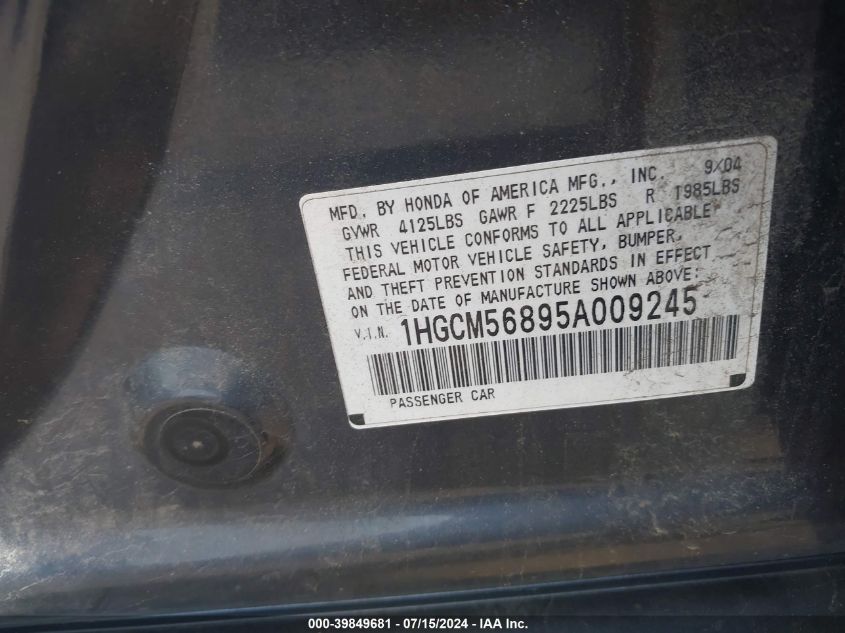 2005 Honda Accord 2.4 Ex VIN: 1HGCM56895A009245 Lot: 39849681