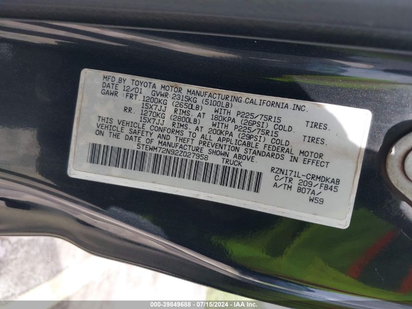 2002 Toyota Tacoma VIN: 5TEWM72N92Z027958 Lot: 39849688