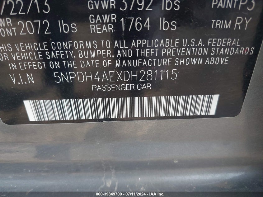 2013 Hyundai Elantra Limited VIN: 5NPDH4AEXDH281115 Lot: 39849700