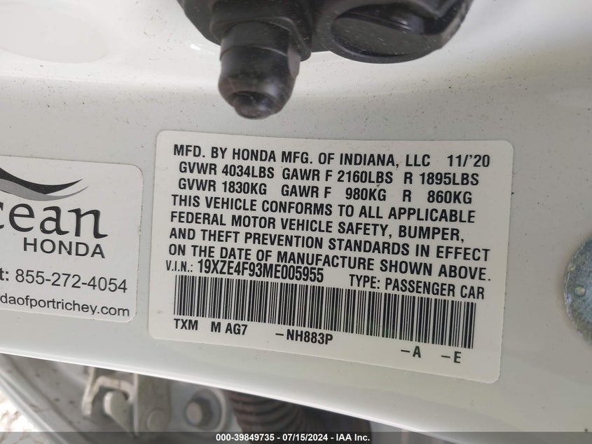 2021 HONDA INSIGHT TOURING - 19XZE4F93ME005955