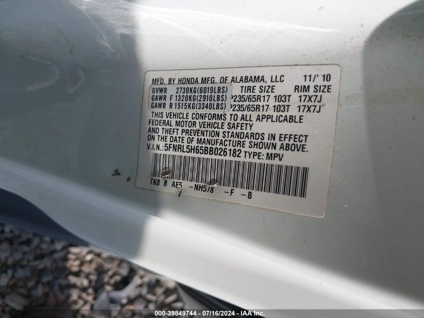 2011 Honda Odyssey Ex-L VIN: 5FNRL5H65BB026182 Lot: 39849744