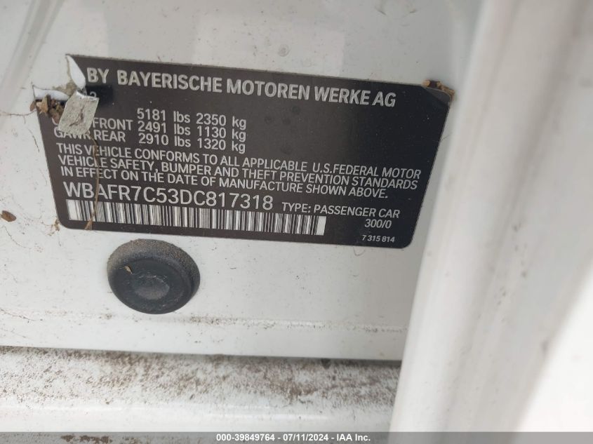 2013 BMW 535I VIN: WBAFR7C53DC817318 Lot: 39849764