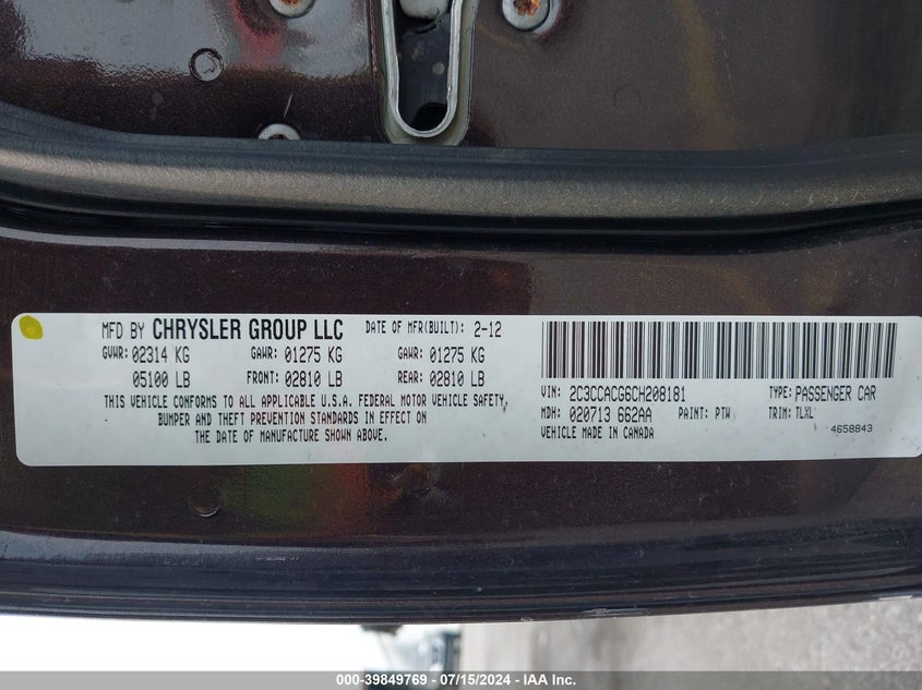 2012 Chrysler 300 Limited VIN: 2C3CCACG6CH208181 Lot: 39849769