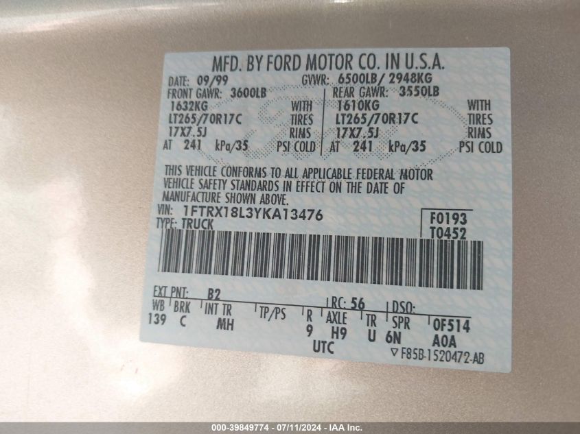 2000 Ford F-150 Lariat/Work Series/Xl/Xlt VIN: 1FTRX18L3YKA13476 Lot: 39849774
