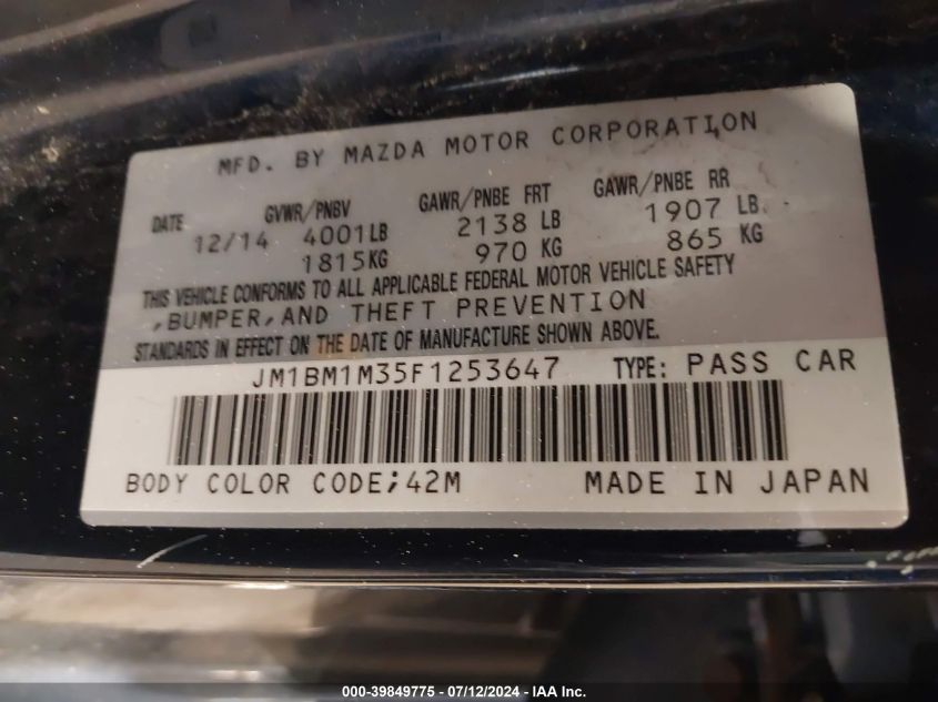 JM1BM1M35F1253647 | 2015 MAZDA MAZDA3