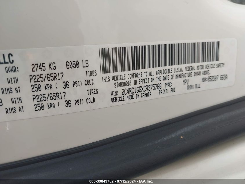 2012 Chrysler Town & Country Limited VIN: 2C4RC1GGXCR375766 Lot: 39849782