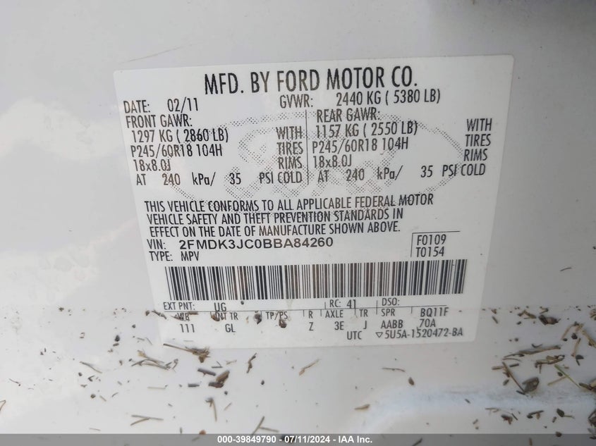 2011 Ford Edge Sel VIN: 2FMDK3JC0BBA84260 Lot: 39849790