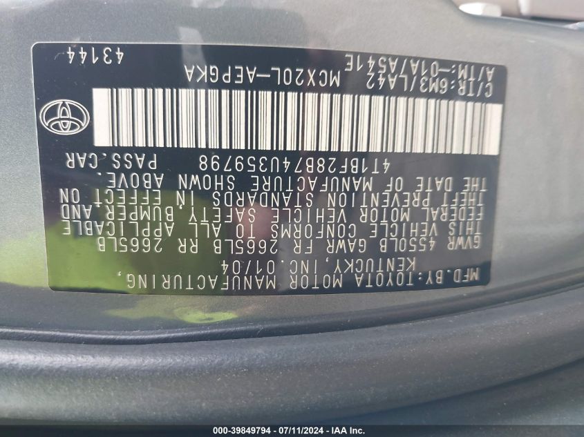 2004 Toyota Avalon Xls VIN: 4T1BF28B74U359798 Lot: 39849794