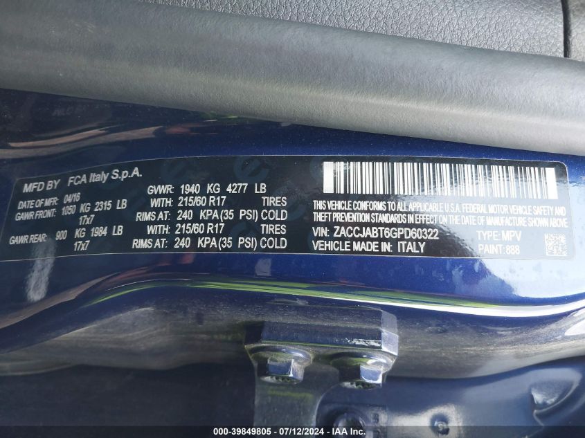 2016 Jeep Renegade Latitude VIN: ZACCJABT6GPD60322 Lot: 39849805