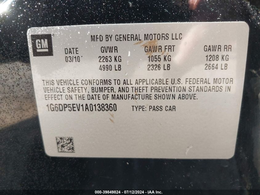 2010 Cadillac Cts Premium VIN: 1G6DP5EV1A0138360 Lot: 39849824