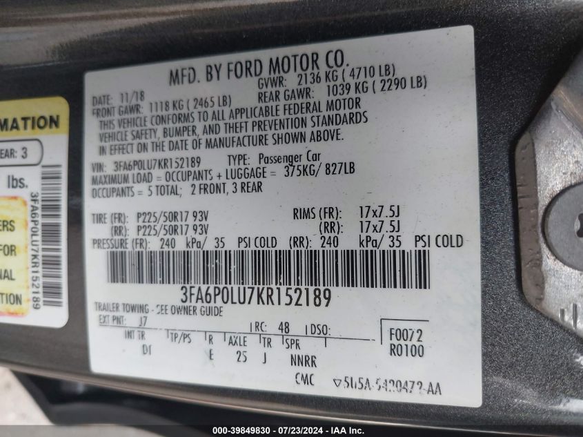 2019 Ford Fusion Hybrid Se VIN: 3FA6P0LU7KR152189 Lot: 39849830