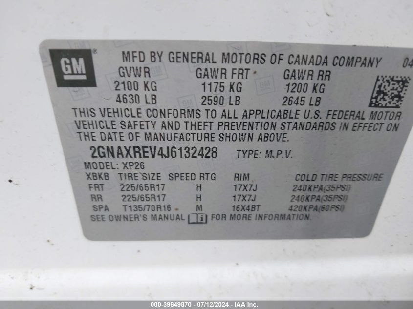 2018 Chevrolet Equinox Ls VIN: 2GNAXREV4J6132428 Lot: 39849870