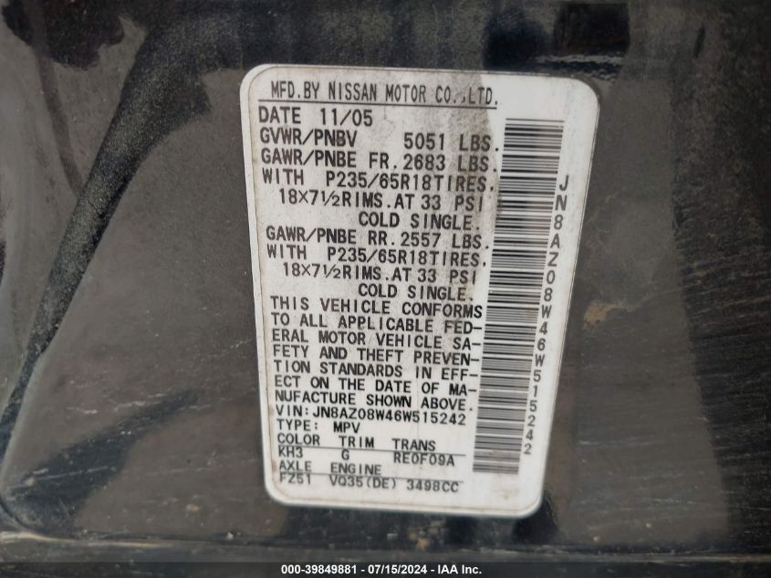 2006 Nissan Murano S VIN: JN8AZ08W46W515242 Lot: 39849881