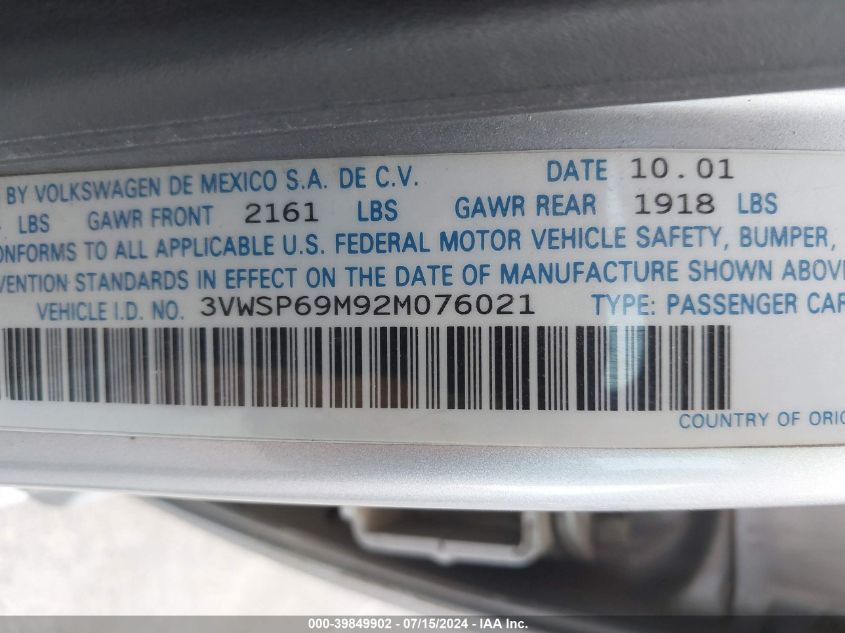 2002 Volkswagen Jetta Gls Tdi VIN: 3VWSP69M92M076021 Lot: 39849902