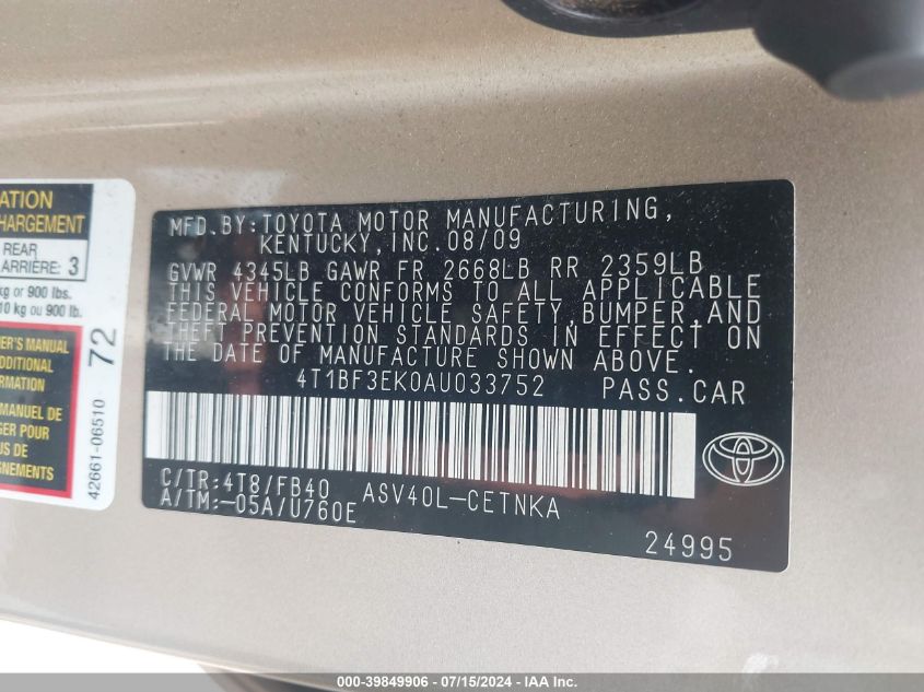 2010 Toyota Camry Le VIN: 4T1BF3EK0AU033752 Lot: 39849906