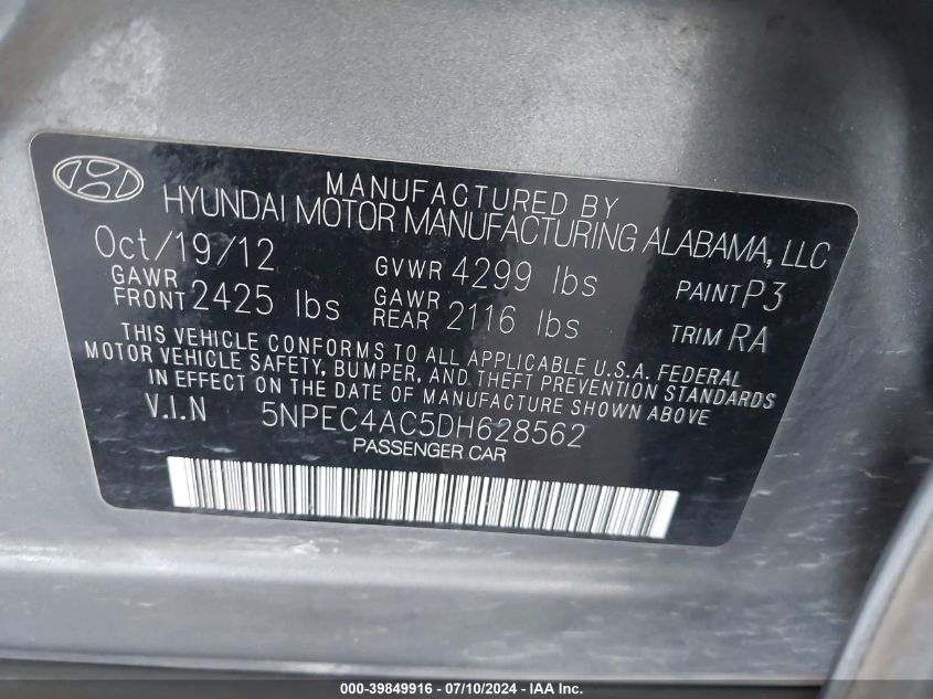 2013 Hyundai Sonata Limited VIN: 5NPEC4AC5DH628562 Lot: 39849916