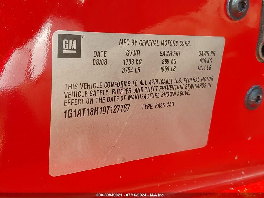 2009 Chevrolet Cobalt Lt VIN: 1G1AT18H197127767 Lot: 39849921