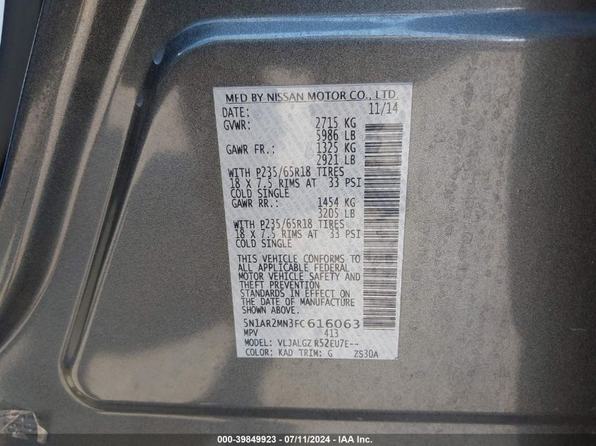 2015 Nissan Pathfinder Sl VIN: 5N1AR2MN3FC616063 Lot: 39849923