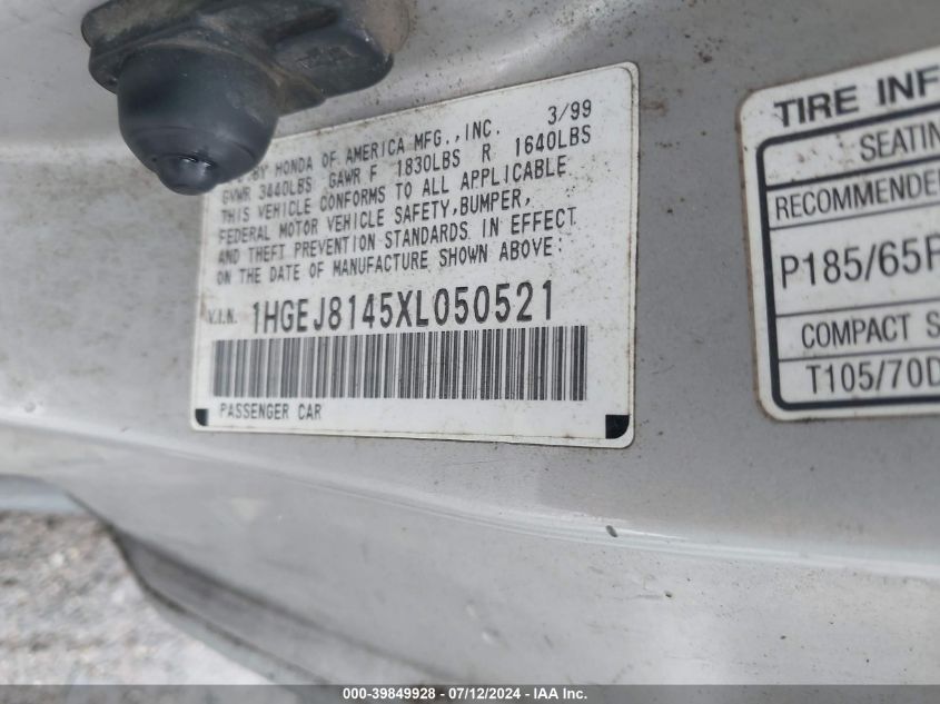 1999 Honda Civic Ex VIN: 1HGEJ8145XL050521 Lot: 39849928