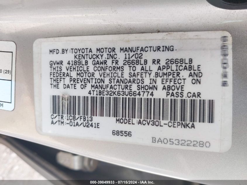 2003 Toyota Camry Le VIN: 4T1BE32K63U664774 Lot: 39849933