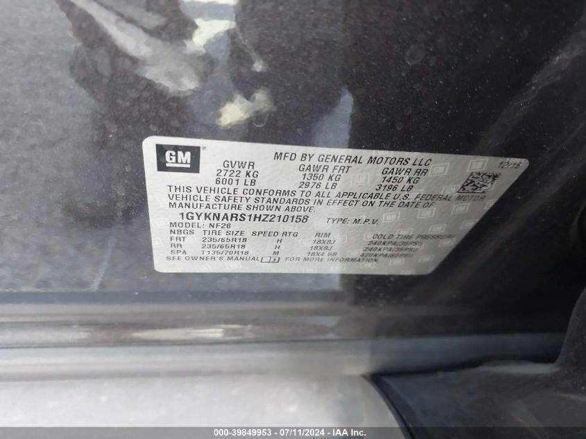 2017 Cadillac Xt5 Standard VIN: 1GYKNARS1HZ210158 Lot: 39849953