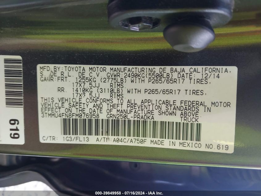 2015 Toyota Tacoma Base V6 VIN: 3TMMU4FN8FM076958 Lot: 39849958