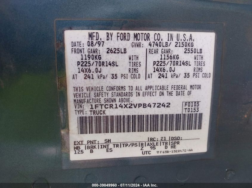 1997 Ford Ranger Splash/Xlt VIN: 1FTCR14X2VPB47242 Lot: 39849960