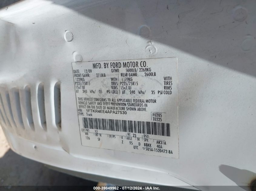 2010 Ford Ranger Sport/Xlt VIN: 1FTKR4EE4APA27530 Lot: 39849962