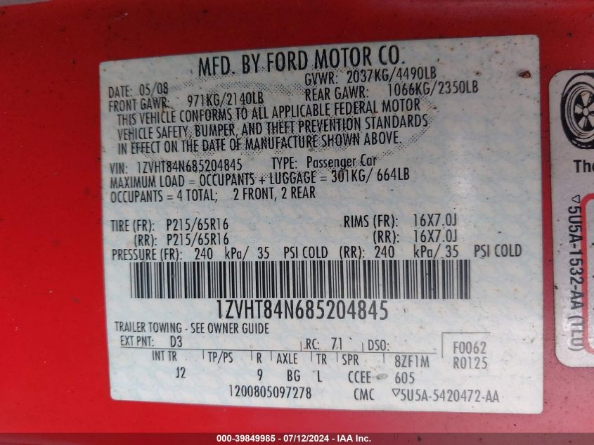 2008 Ford Mustang VIN: 1ZVHT84N685204845 Lot: 39849985