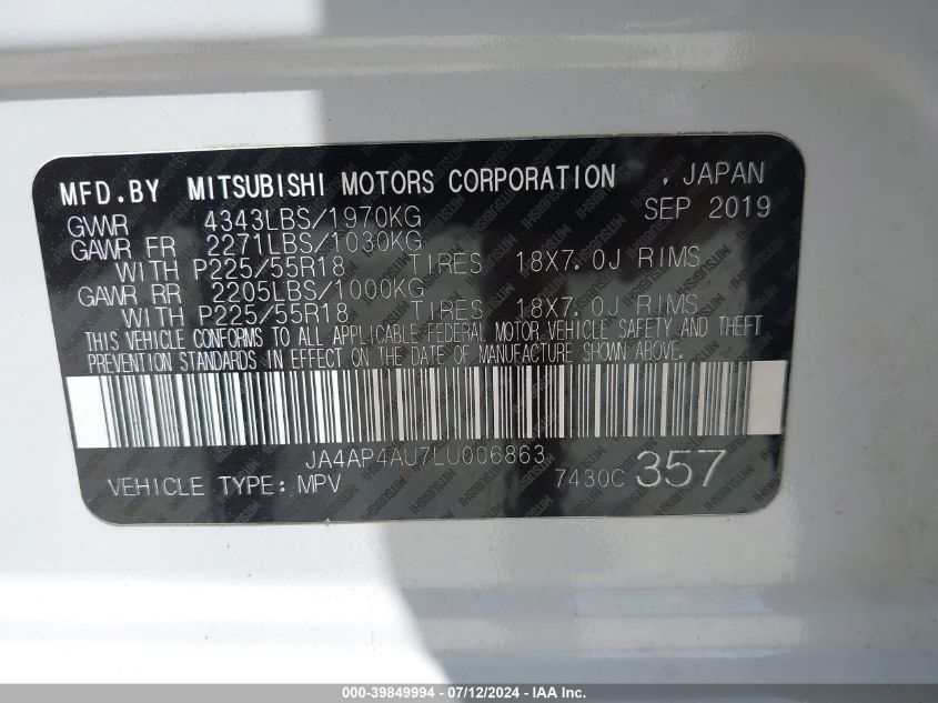 2020 Mitsubishi Outlander Sport 2.0 Se VIN: JA4AP4AU7LU006863 Lot: 39849994