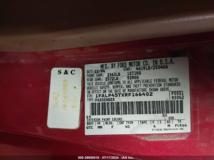 1994 Ford Mustang Gt VIN: 1FALP45TXRF166402 Lot: 39850010
