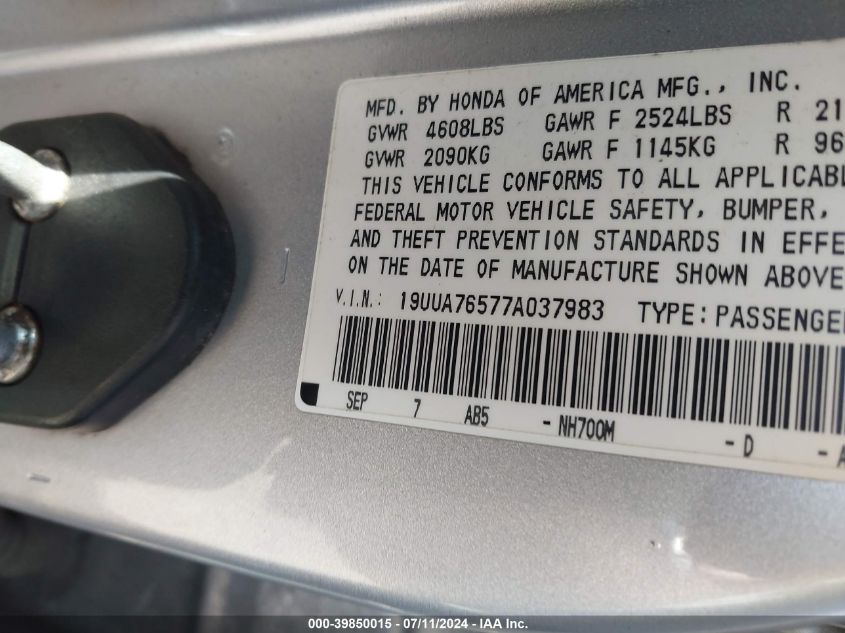 2007 Acura Tl Type S VIN: 19UUA76577A037983 Lot: 39850015