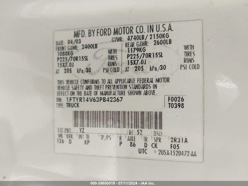 2003 Ford Ranger Edge/Tremor/Xl/Xlt VIN: 1FTYR14V63PB42367 Lot: 39850018