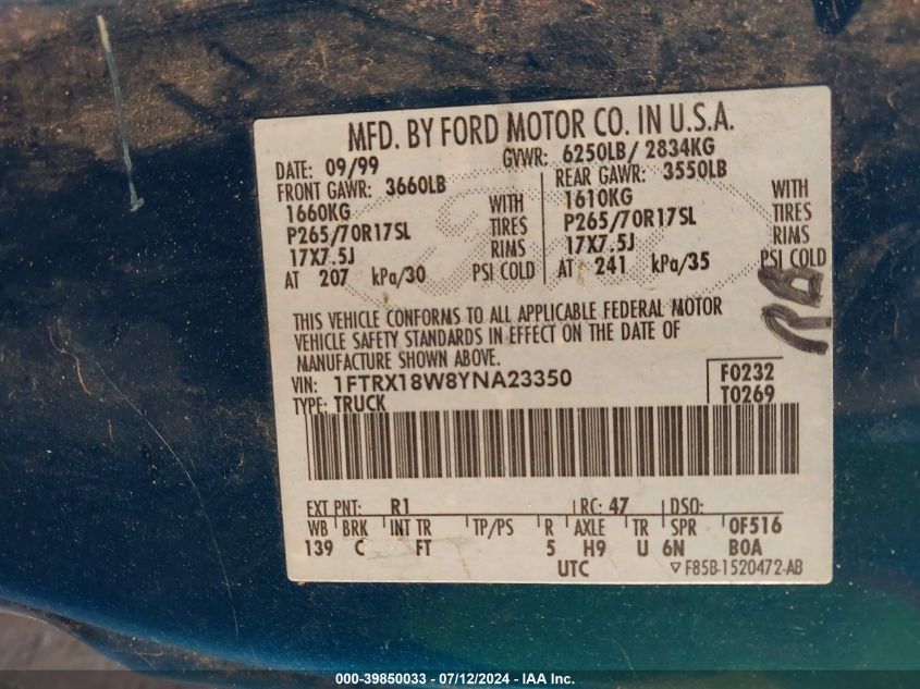 2000 Ford F-150 VIN: 1FTRX18W8YNA23350 Lot: 39850033