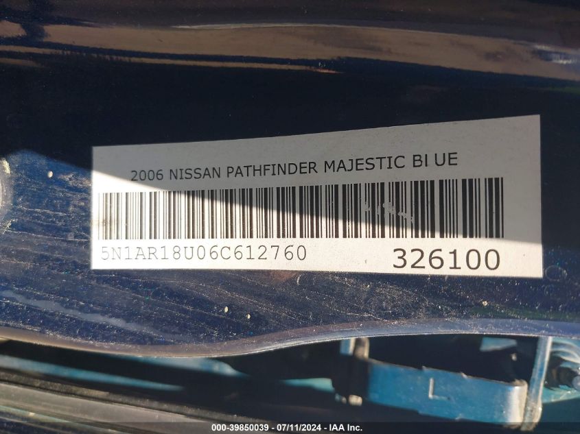 2006 Nissan Pathfinder Le VIN: 5N1AR18U06C612760 Lot: 39850039