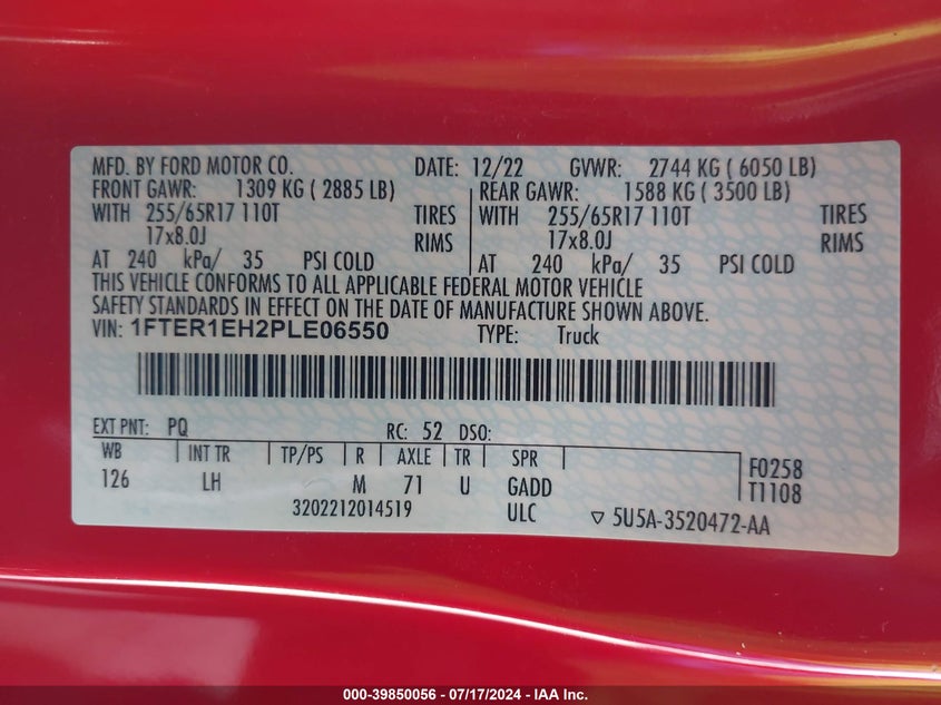 2023 Ford Ranger Xlt VIN: 1FTER1EH2PLE06550 Lot: 39850056