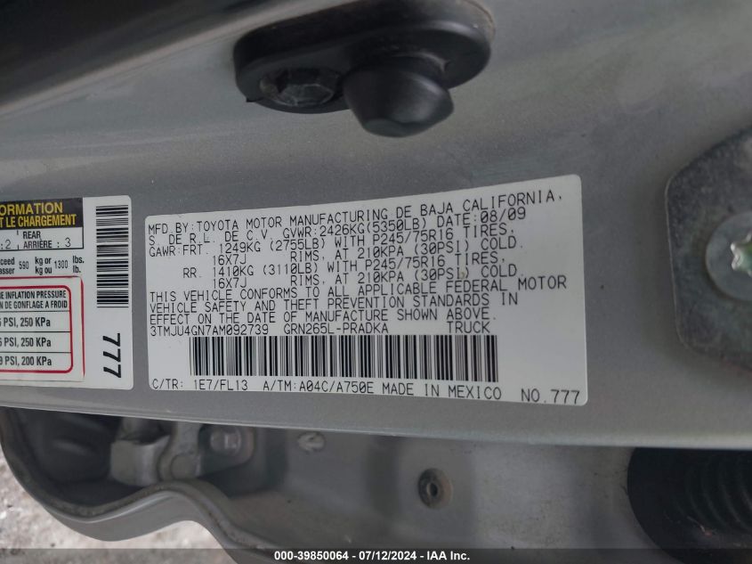 2010 Toyota Tacoma Double Cab Prerunner VIN: 3TMJU4GN7AM092739 Lot: 39850064