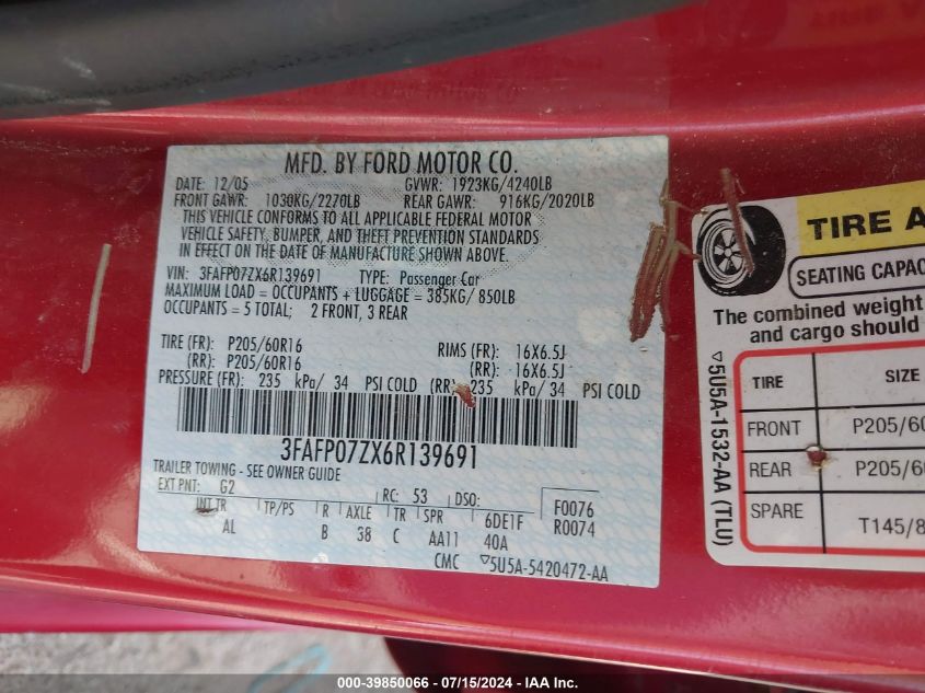 2006 Ford Fusion Se VIN: 3FAFP07ZX6R139691 Lot: 39850066