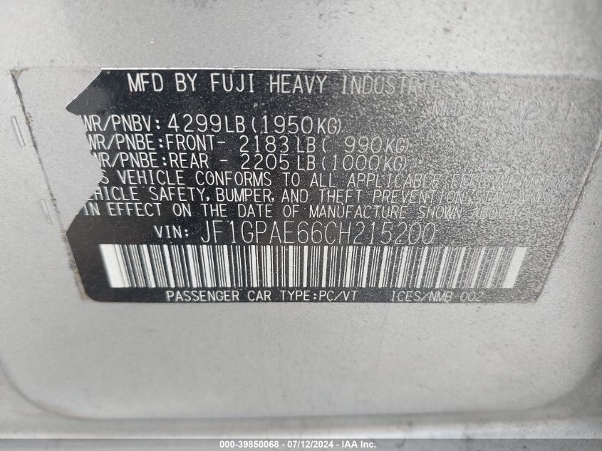 2012 Subaru Impreza 2.0I Premium VIN: JF1GPAE66CH215200 Lot: 39850068
