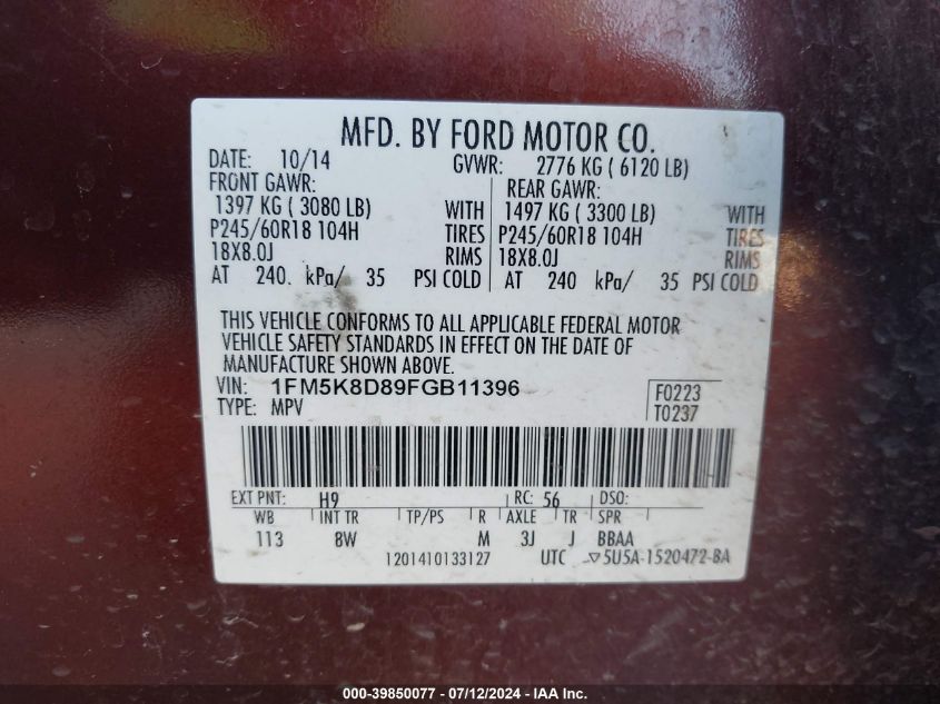 2015 Ford Explorer Xlt VIN: 1FM5K8D89FGB11396 Lot: 39850077