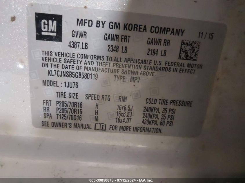 2016 Chevrolet Trax Ls VIN: KL7CJNSB5GB580119 Lot: 39850078