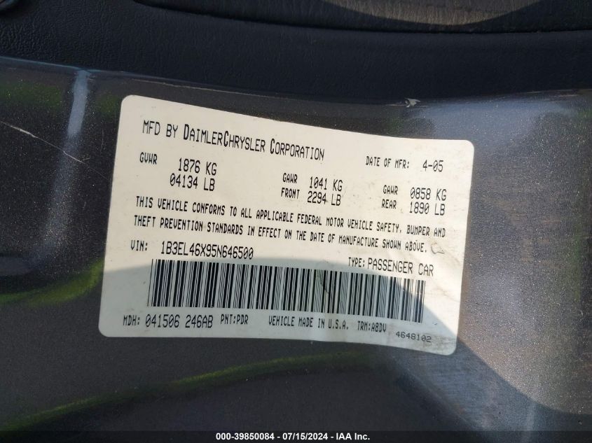 2005 Dodge Stratus Sdn Sxt VIN: 1B3EL46X95N646500 Lot: 39850084