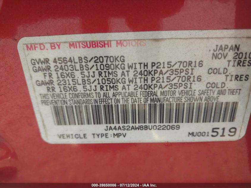 2011 Mitsubishi Outlander Es VIN: JA4AS2AW8BU022069 Lot: 39850086