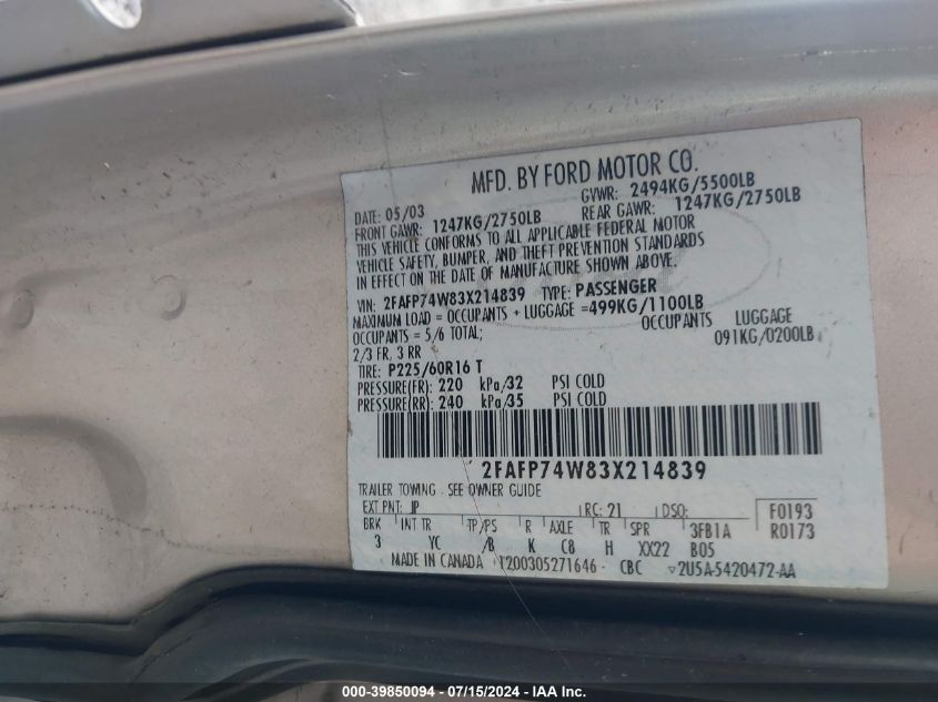 2003 Ford Crown Victoria Lx VIN: 2FAFP74W83X214839 Lot: 39850094